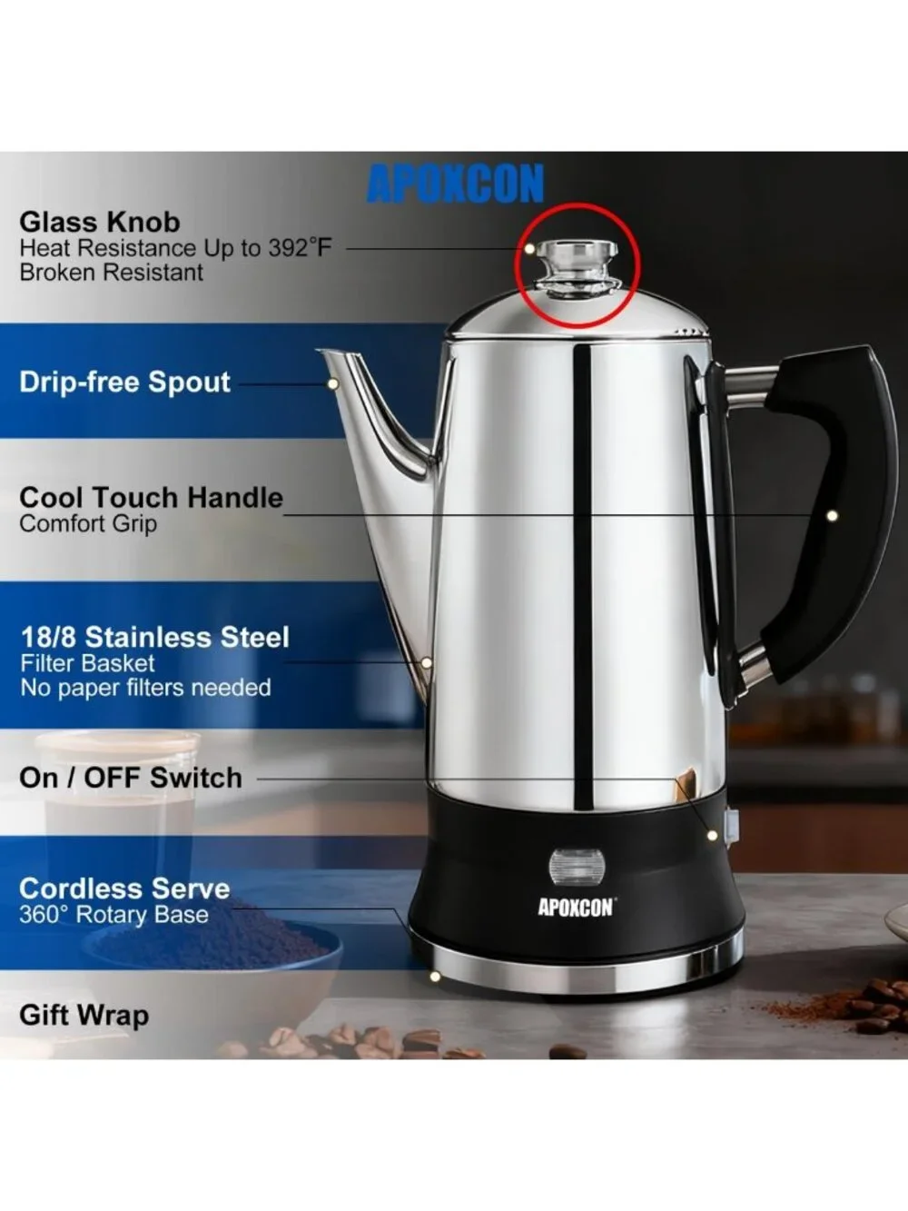 Stainless Steel Electric Coffee Percolator, 12 Cup, Cordless, Automatic Keep